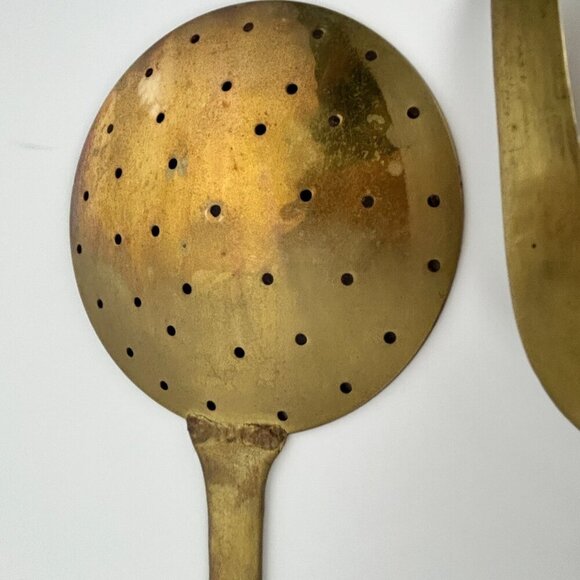 Italian Vintage Brass Hanging Fork and Strainer Spoon Cooking Utensils 16" Decor - Picture 9 of 14